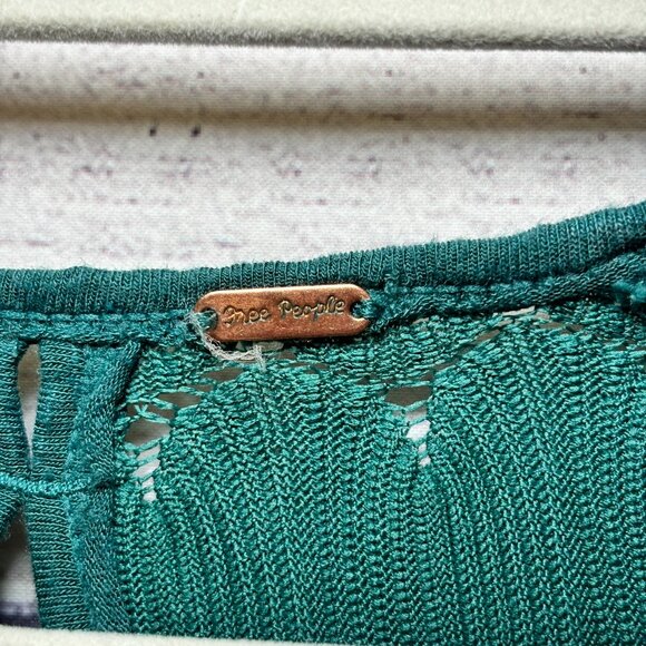 Free‎ People Women's Small Hunter Green Crochet 3/4 Sleeve Open Back Boho Blouse - Picture 3 of 7